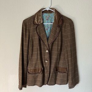 J. Jill Tweed Velvet Trim Blazer Jacket with Front Flap Pockets-Brown-Stretch 14